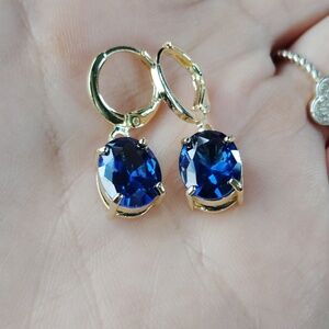 Elegant Gold and Blue Stone Earrings Huggies Hanging Perfect For Holidays